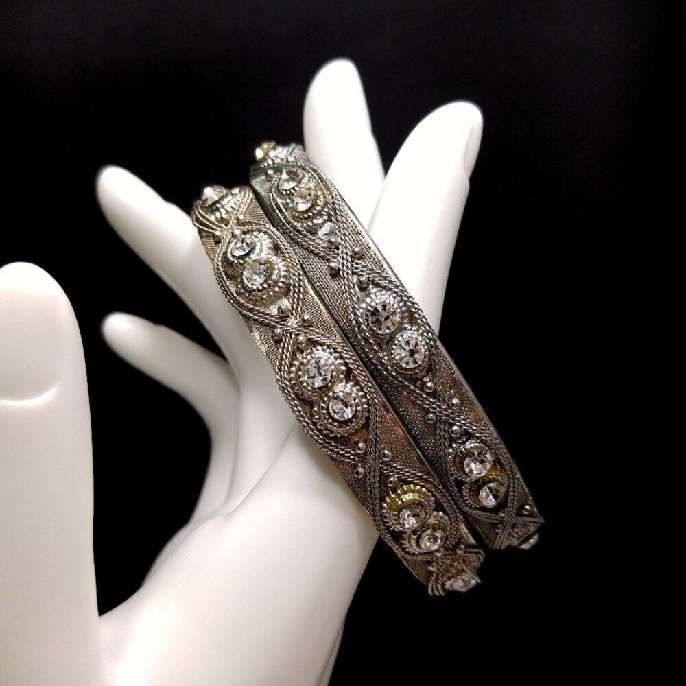 Set of 2 Vintage Silver Tone Mesh Bangle Bracelets, Clear Rhinestones, 8 1/4 In